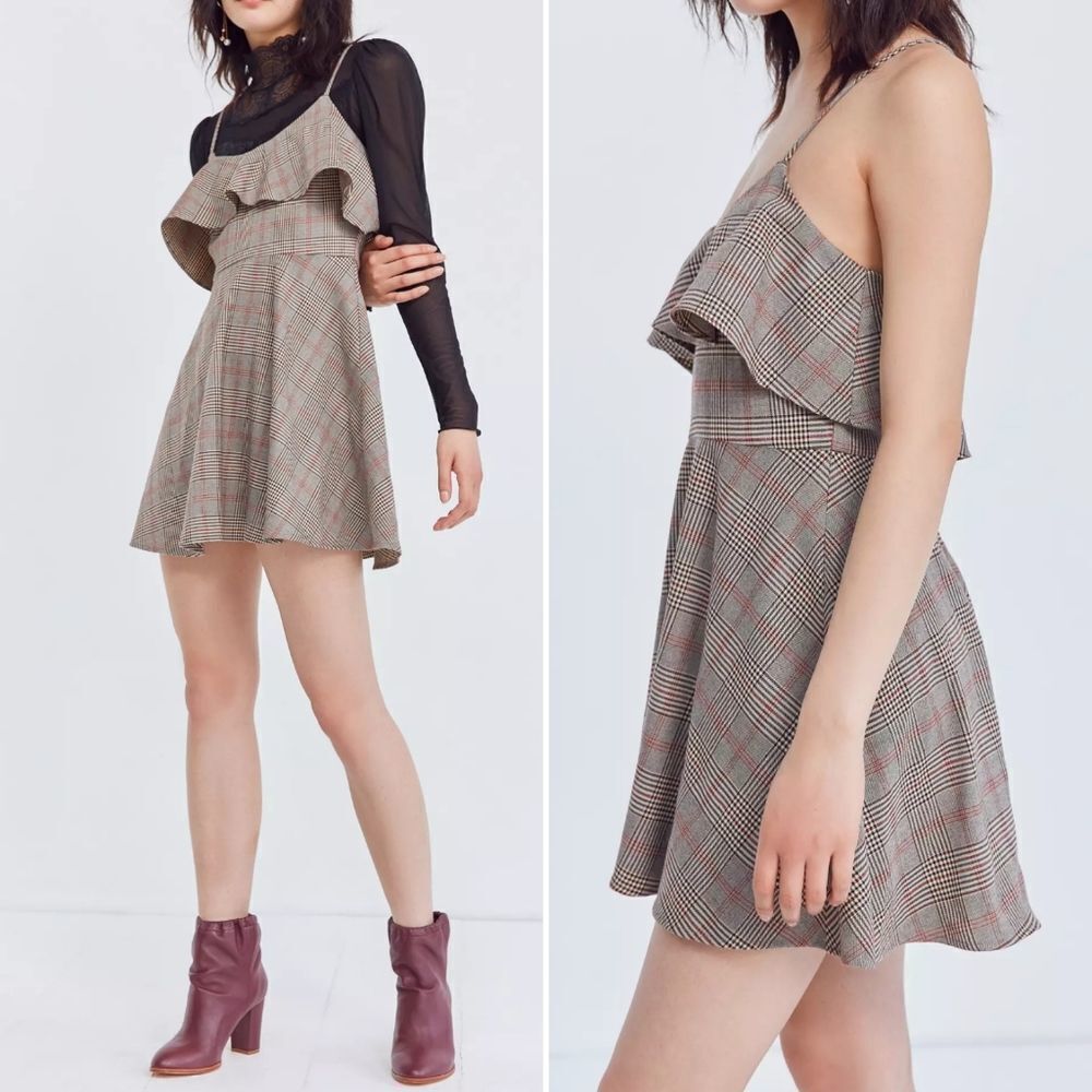 Cooperative Plaid Mini Dress with Ruffle Detail